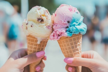 Two hands hold ice cream cones featuring pink, blue, and yellow scoops, set against a vibrant beach backdrop on a sunny afternoon