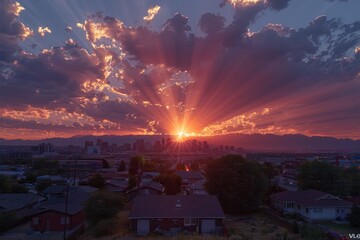 Fototapeta premium A city skyline with red-hued clouds and a bright sun, viewed from a hilltop with houses in the foreground. AI generative. .