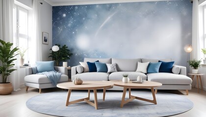 Fototapeta premium Scandinavian living room interior design zoom background,Doodle patterned wallpaper graphics