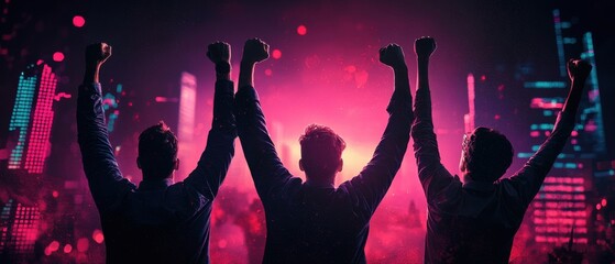 Excited individuals celebrating in a vibrant nightlife setting, hands raised in joy.