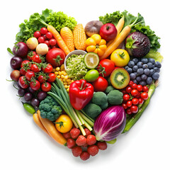 A heart composed of vibrant fruits and vegetables, symbolizing love for healthy living.