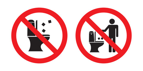 Keep clean toilet, icons set. Prohibition throw paper, rubbish, garbage into toilet. Red round symbols collection isolated on white background.