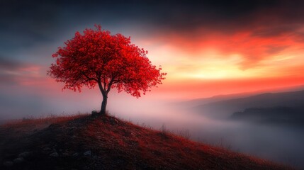 A solitary red tree stands against a dramatic sunset, creating a serene and mystical atmosphere.