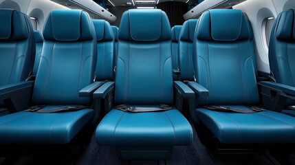 Interior view of modern economy-class airplane seats in a cabin with blue leather upholstery, armrests, and seatbelt on a commercial aircraft.