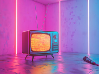 brightly colored retro television set on the floor of a pink neon colored room