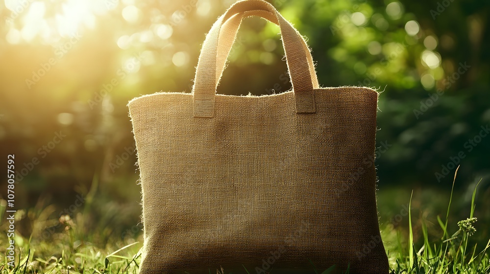 Wall mural A  brown tote bag stands on lush green grass with a blurred background of sunlight and green foliage.