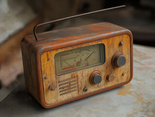 retro portable radio with worn exterior on rustic surface