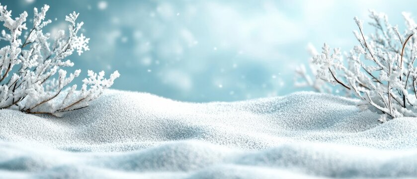 Serene winter landscape with snow-covered ground and frosty bushes under a blue sky.