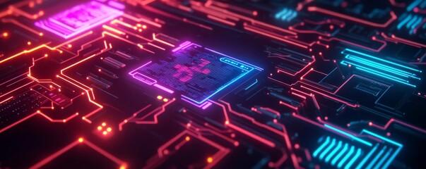 Diverse tech grid, holographic data exchange, vibrant neon visuals