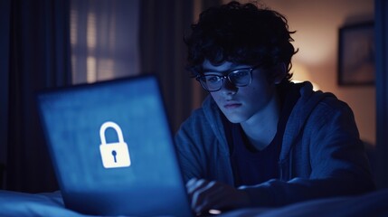 A teenager focuses on a laptop screen with a digital padlock symbolizing online security