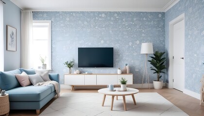 Scandinavian living room interior design zoom background,Doodle patterned wallpaper graphics