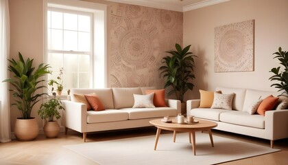 Scandinavian living room interior design zoom background,Doodle patterned wallpaper graphics