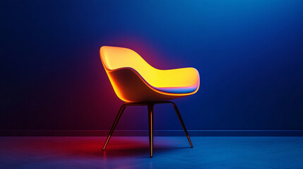 Modern Neon-Illuminated Chair with Vibrant Colors on Dark Background, Futuristic Designer Chair Glowing with Gradient Neon Lights, Sleek and Stylish Chair Illuminated in Dynamic Neon Tones.