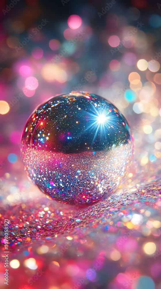 Poster a single silver bauble with a glittery background and a starburst reflection.