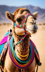 Arabian camel stands proudly in the desert sun, its humps glistening with a gentle sheen
