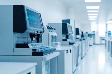 Row of modern lab equipment in a clean, white lab setting