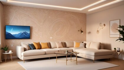 Scandinavian living room interior design zoom background,Doodle patterned wallpaper graphics