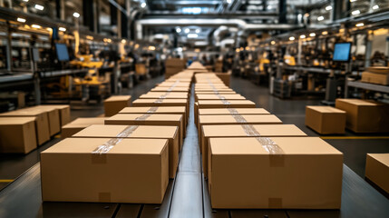 Rows of cardboard boxes on a conveyor belt in a modern automated factory or warehouse environment with machinery in the background.