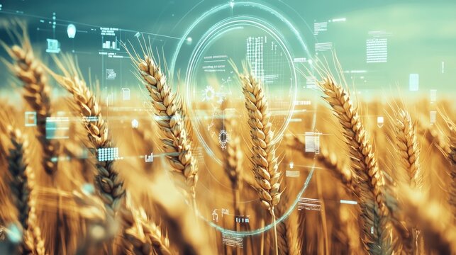 Wheat field with digital overlays representing technology and data analysis.