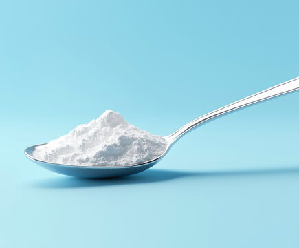Spoonful of white powder is shown on a blue background