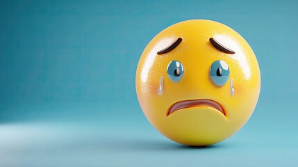 Fototapeta premium A 3D rendering of a yellow smiley face with a sad expression, tears streaming down its cheeks.