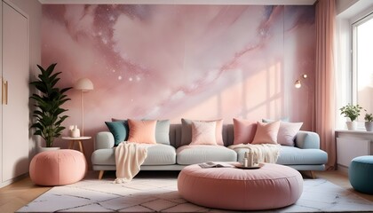 Scandinavian living room interior design zoom background,Doodle patterned wallpaper graphics