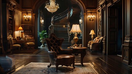 Naklejka premium Lovely lighting flows into the room region where the carved bouncing armchair is set up