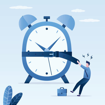 Male employee in tight deadline mode. Time management, smart businessman use belts tighten clock. Saving time, reducing the time of work execution, speed. Motivational banner