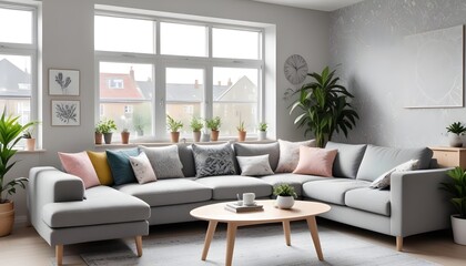 Scandinavian living room interior design zoom background,Doodle patterned wallpaper graphics