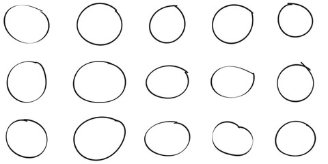 Set of doodle ellipses. Scribble ovals, bubbles to circle and highlight text. Handwriting horizontal ellipses isolated on white background.