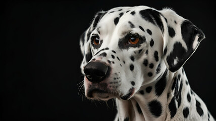 A close-up portrait of a Dalmatian dog with distinctive black and white spots with black and white background