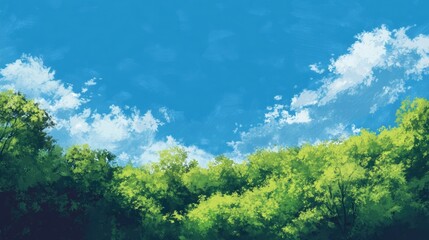 Obraz premium Tranquil summer landscape with a solid blue background, embodying lush greenery and expansive blue skies. This summer landscape provides a serene atmosphere with ample copy space.