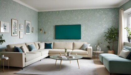 Scandinavian living room interior design zoom background,Doodle patterned wallpaper graphics