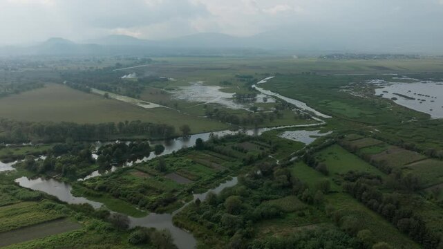 DRONE: PATZCUARO LAKE OUTSKIRTS AT SUNSET