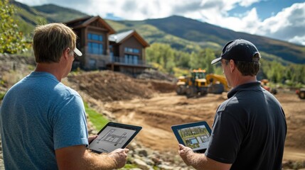 Obraz premium Two men reviewing construction plans on tablets at a building site with machinery in the background.