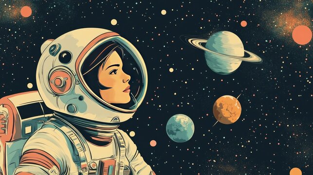 A female astronaut gazes out at the stars and planets in a vintage-inspired illustration.