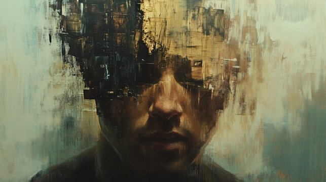 A man's face obscured by abstract brushstrokes, conveying a sense of confusion and identity crisis.