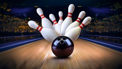 Bowling ball strike illustrated with falling pins in motion, showcasing the action and intensity of a perfect bowling moment