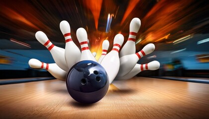 Bowling ball strike illustrated with falling pins in motion, showcasing the action and intensity of a perfect bowling moment