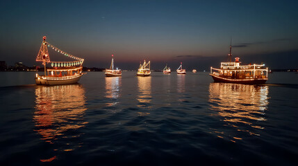 Christmas boat parade in Caribbean waters, illuminated festive ships at twilight