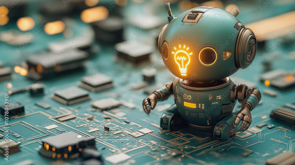 Poster a robot is sitting on a circuit board with a light bulb on its head. the robot is surrounded by elec