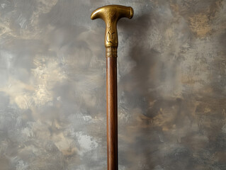 ornate walking cane with brass handle and carved details