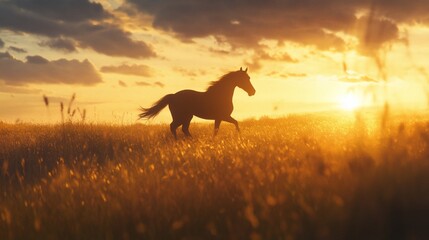A lone horse runs through a field of tall grass as the sun sets in the distance, casting a golden glow over the scene.