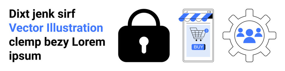 Black lock in center, online store with BUY button on right, gear with users on far right. Ideal for cybersecurity, e-commerce, online privacy, user management, IT infrastructure, software