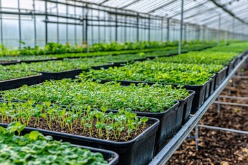 Greenhouse filled with various young plants growing in pots, showcasing horticulture practices.