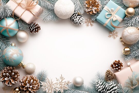 Weihnachtsstimmung mit Geschenken, Christbaumkugeln und Tannenzapfen, Weihnachtlicher Rahmen in beige blaum f&uuml;r Einladung und Gru&szlig;karte