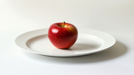 Minimalist Red Apple on a White Plate, Fresh Red Apple Centered on a Clean White Plate, Elegant Simplicity: Single Red Apple on a Plate.