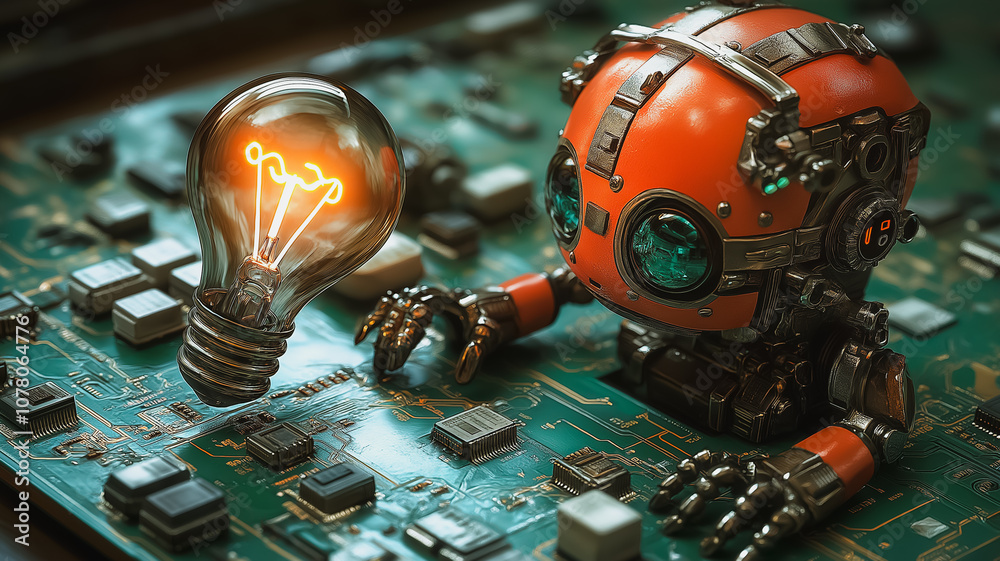 Poster a robot is sitting on a circuit board with a light bulb on top of it. the robot is looking at the li