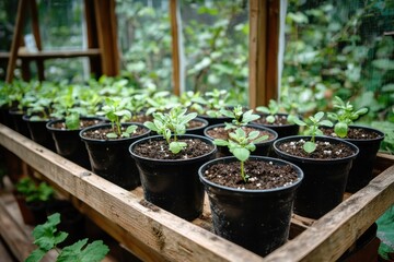 A greenhouse shelf filled with young potted plants, thriving in a nurturing environment.