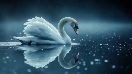 Obraz premium A serene swan glides gracefully on a misty lake, reflecting its elegance in the water.